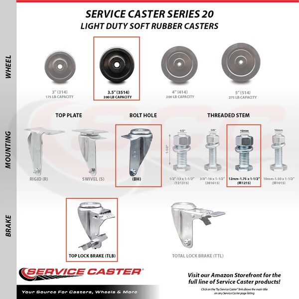 Service Caster 3.5 Inch Soft Rubber Wheel Swivel 12mm Threaded Stem Caster Brakes SCC, 2PK SCC-TS20S3514-SRS-M1215-2-TLB-2 - main